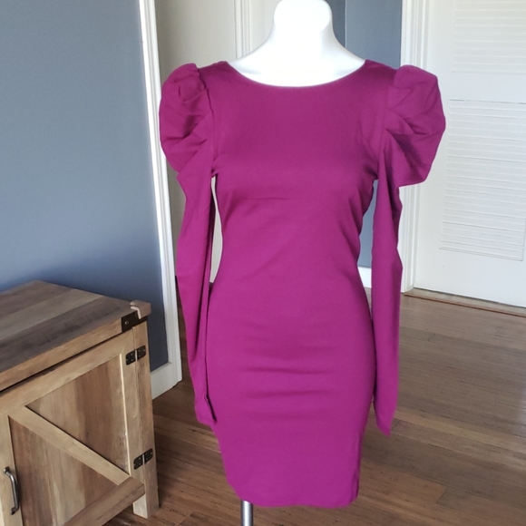 Puff Sleeve Fushia Dress - Picture 4 of 8